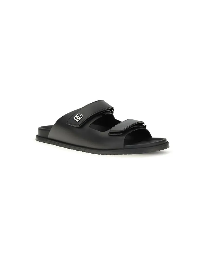 Dolce & Gabbana Men's Black Calf Leather Bos Taurus Flat Sandals Black