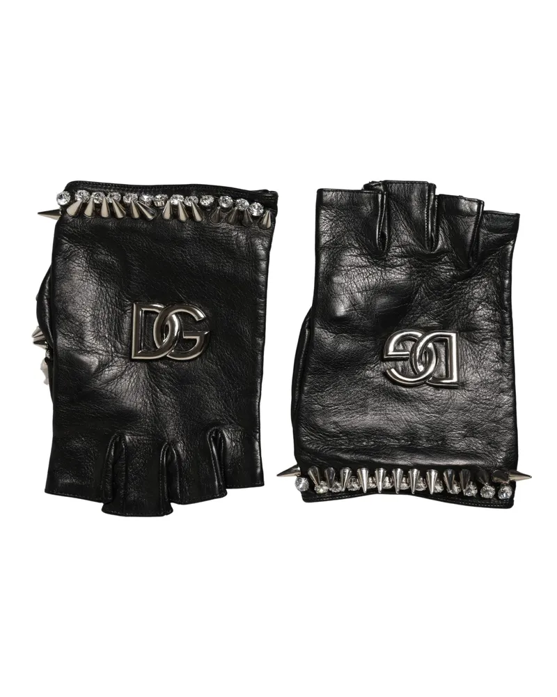 Dolce & Gabbana Women Black Embellished Wrist Length Mitten Gloves Genuine Leather Black