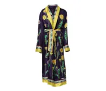 Floral Print Silk Robe — Navy
