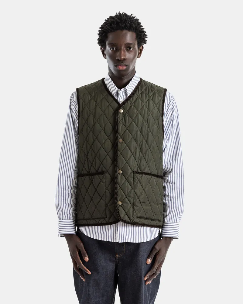 Burberry Men's Quilted Olive Green Nylon Vest With Corded Piping Jacket Green