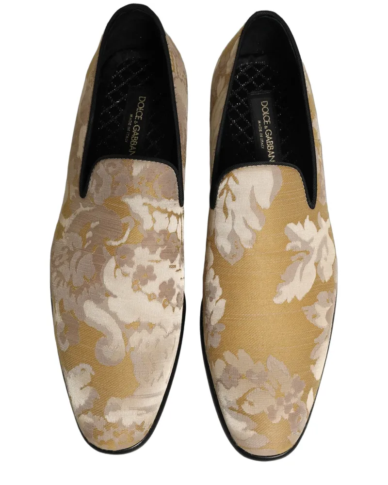Dolce & Gabbana Gold Floral Print Jacquard Men Loafers Shoes Leather Gold