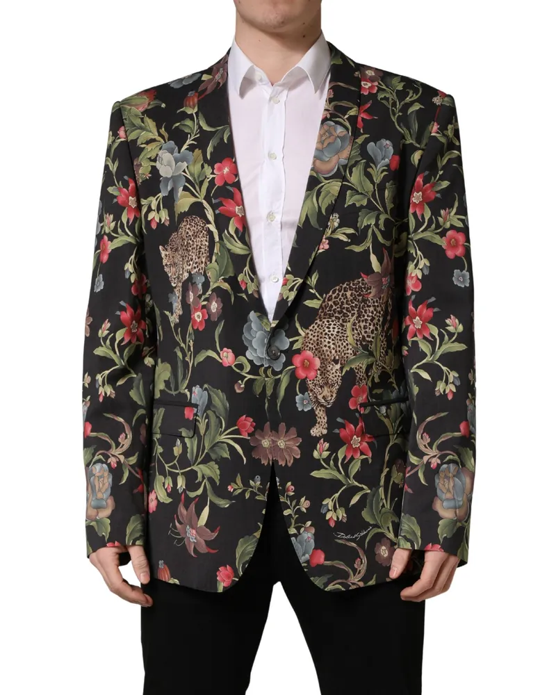 Dolce & Gabbana Multicolor Floral Leopard 1 Button Men Suit Jacket Elastane Virgin Wool Black