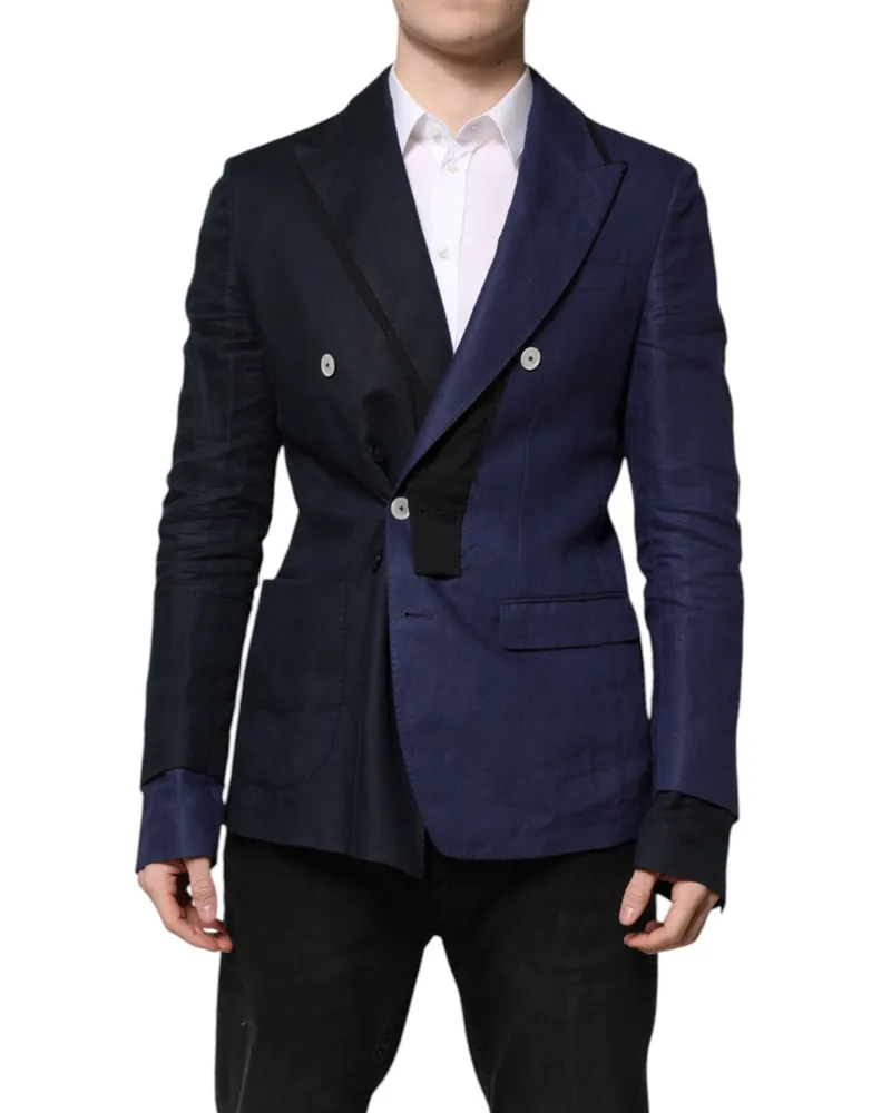 Dolce & Gabbana Men's Navy Blue Double Breasted Suit Coat Blazer Flax Virgin Wool Elastane Navy
