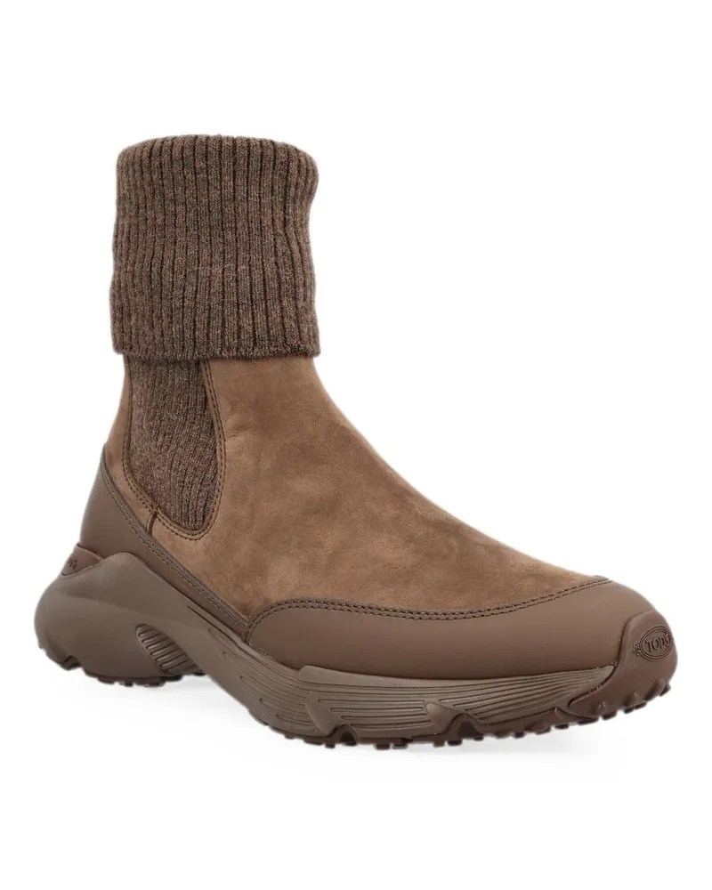 TOD'S Suede and Knit Chelsea Boot — Brown Brown