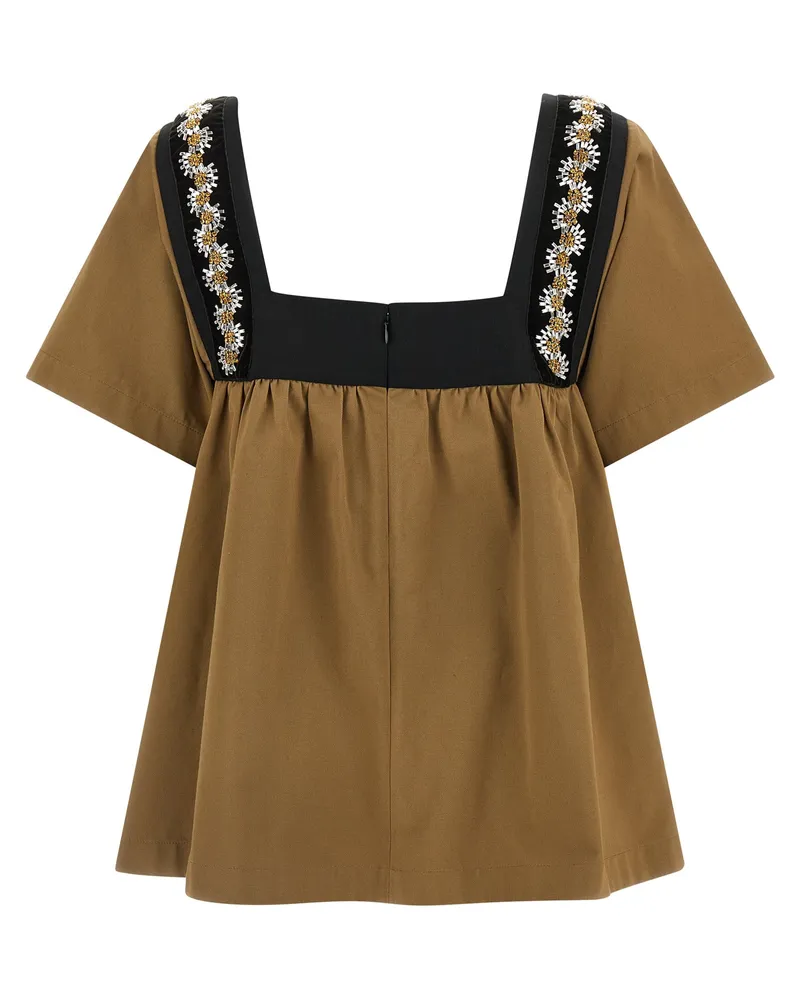 Prada Embellished Neckline Cotton Blouse — Beige Beige