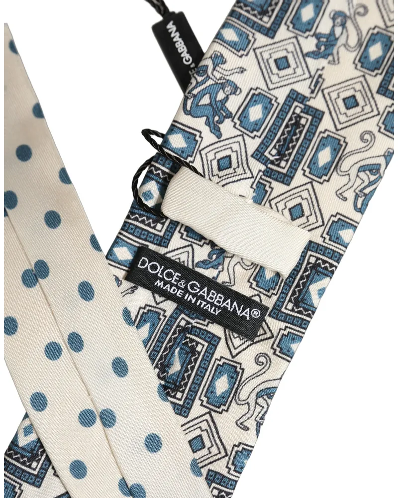 Dolce & Gabbana Men Off White Blue Geometric Adjustable Tied Necktie Tie Silk Off