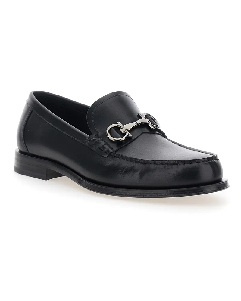Ferragamo Men's Loafers Gancini Black Leather Calfskin Black