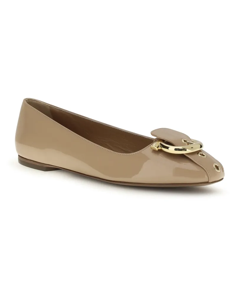 Ferragamo Women's Ballerina Flats Gancini Pain Amaretti Calf Leather Shoes Beige