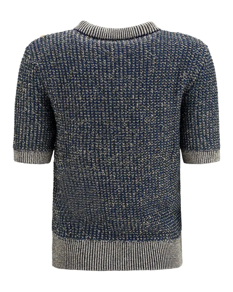 Balmain Women's Short-Sleeve Sequined Sweater With Buttons Marine-Vert Marine/vert Navy
