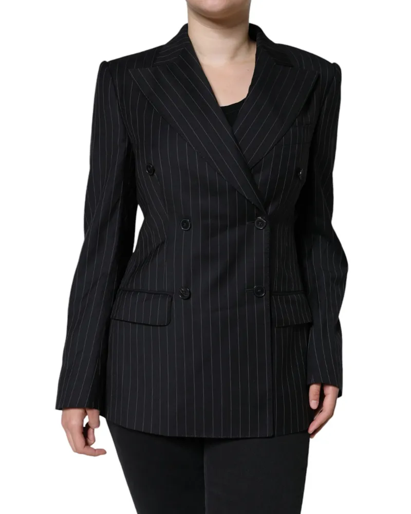 Dolce & Gabbana Women's Black Striped Double Breasted Coat Jacket Virgin Wool Clothing Black