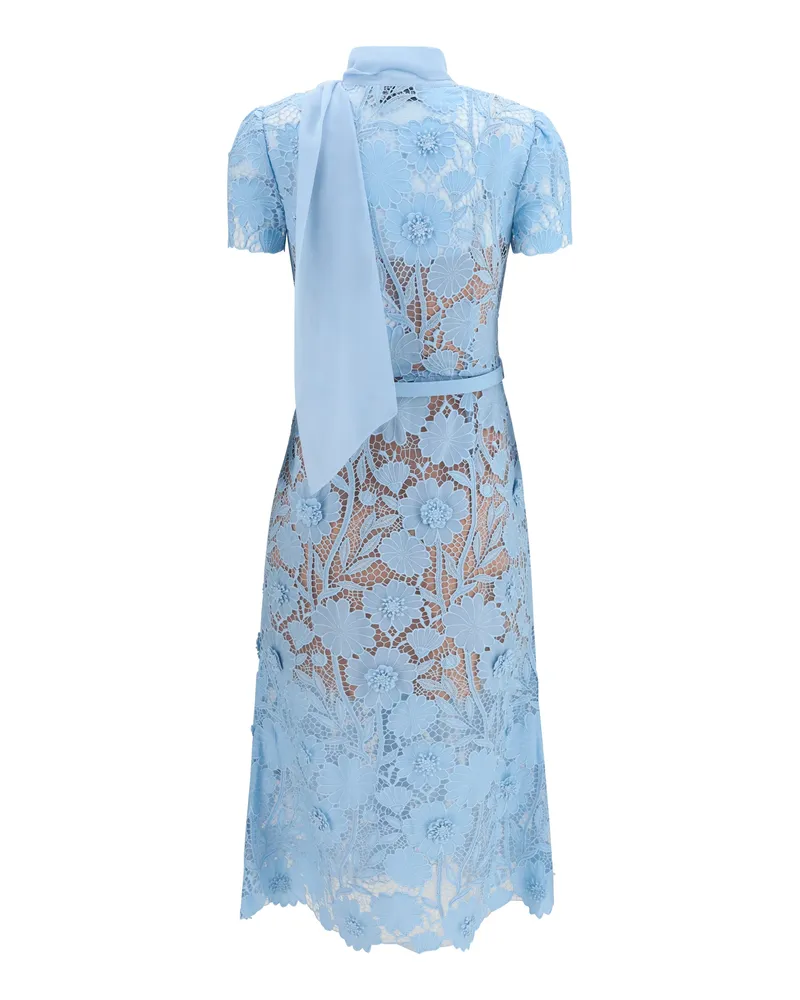 Self-Portrait Women's Midi Lace Dress With Bow Collar Blue Polyester Blue