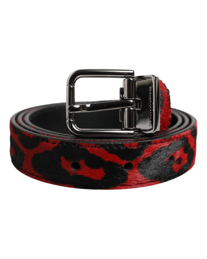 Dolce & Gabbana Men's Black Red Leopard Silver Metal Buckle Belt And Calfskin Hairy Leather Multicolor