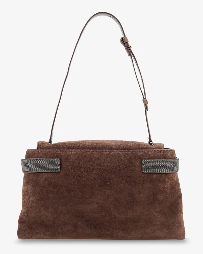 Brunello Cucinelli Women's Suede Crossbody Bag With Monili Brown Shoulder Brown
