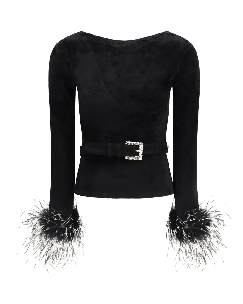 Self-Portrait Feather-Trimmed Chenille Knit Blouse — Black Black