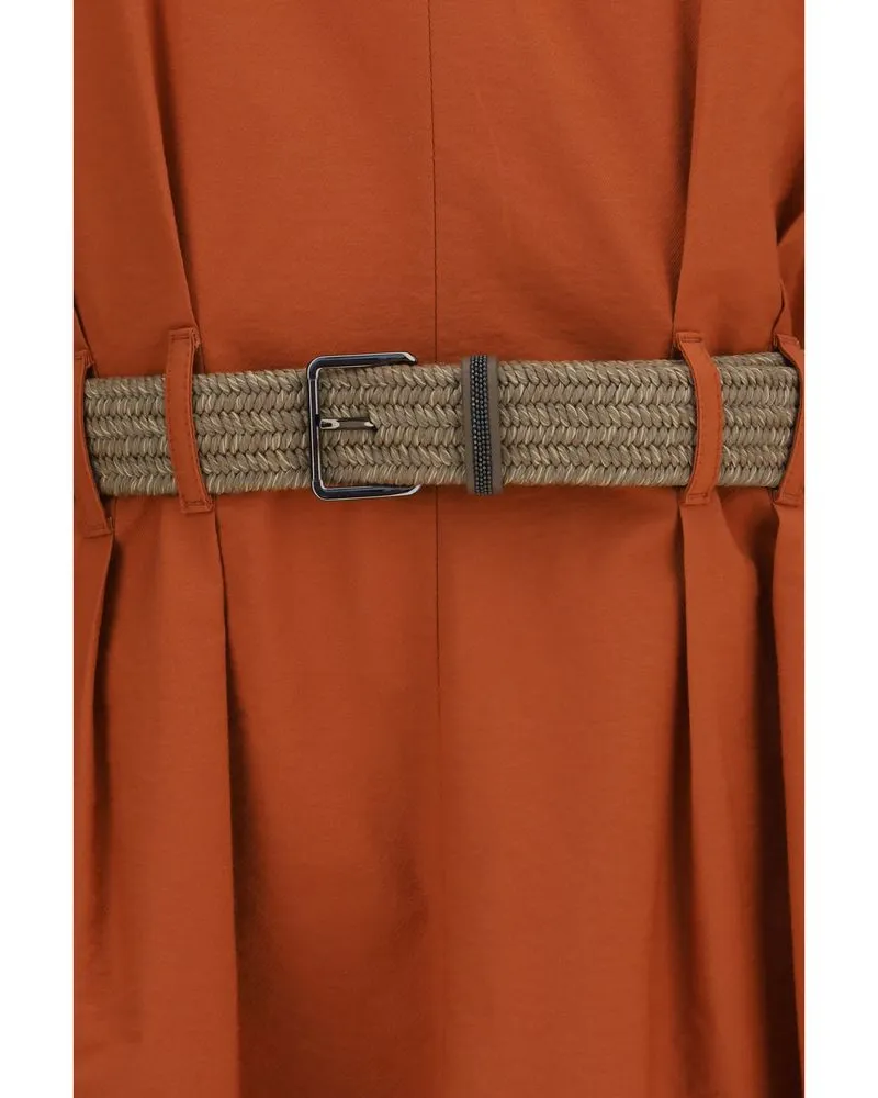 Brunello Cucinelli Pleated Cotton with Rope Belt Dress — Orange Orange