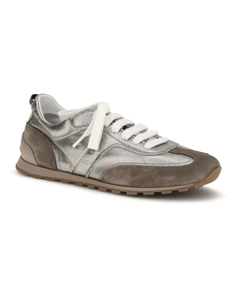 Brunello Cucinelli Suede & Leather Two-Tone Sneakers — Gray Gray