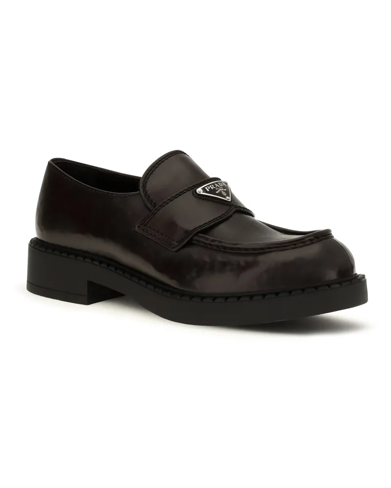 Prada Men's Brushed Leather Loafers With Triangle Logo Teak Brown