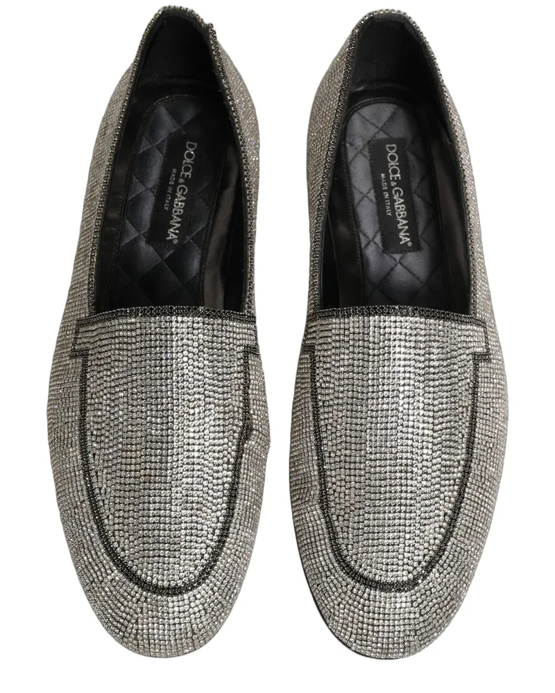 Dolce & Gabbana Silver Crystal Embellished Men Loafers Shoes Leather Silver