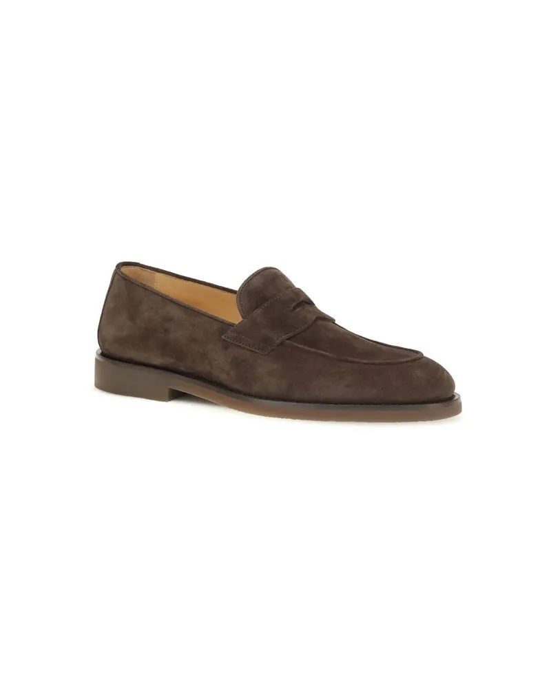 Brunello Cucinelli Men's Brown Calf Leather Bos Taurus Slip-On Loafers Brown