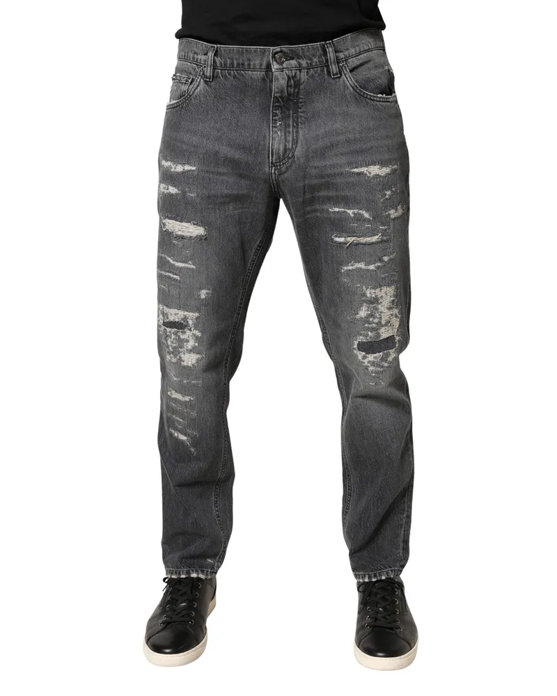Dolce & Gabbana Men's Dark Gray Tattered Cotton Loose Denim Jeans Clothing Gray