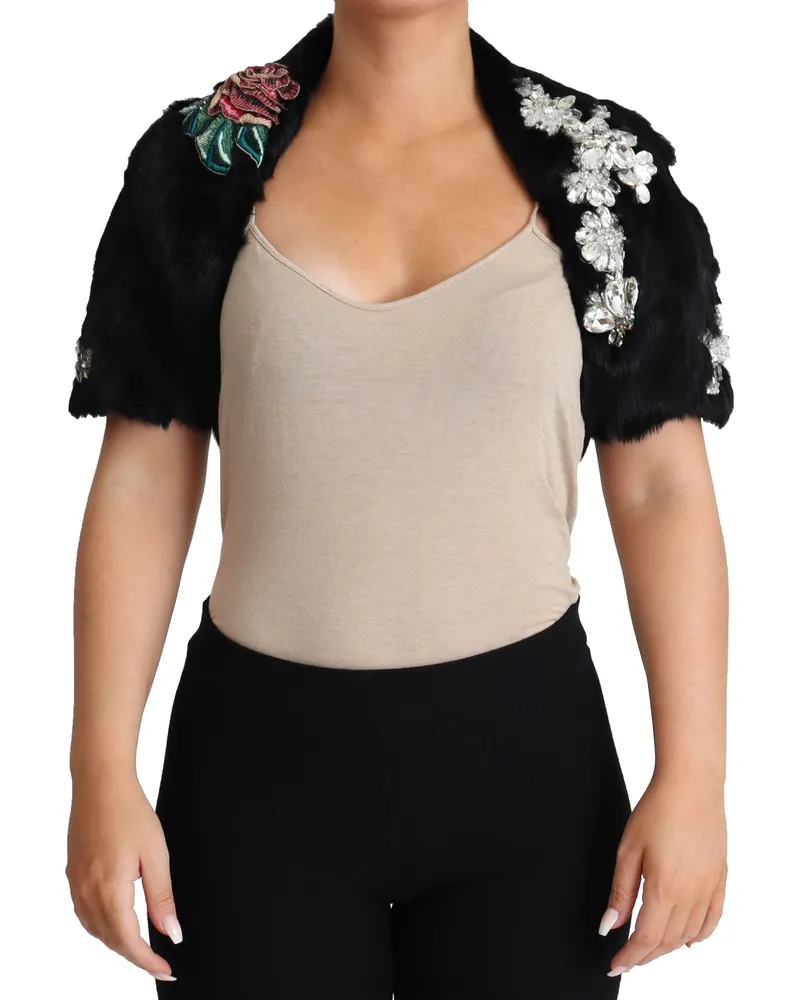 Dolce & Gabbana Women's Black Rabbit Fur Crystals Sequin Coat Clothing Black