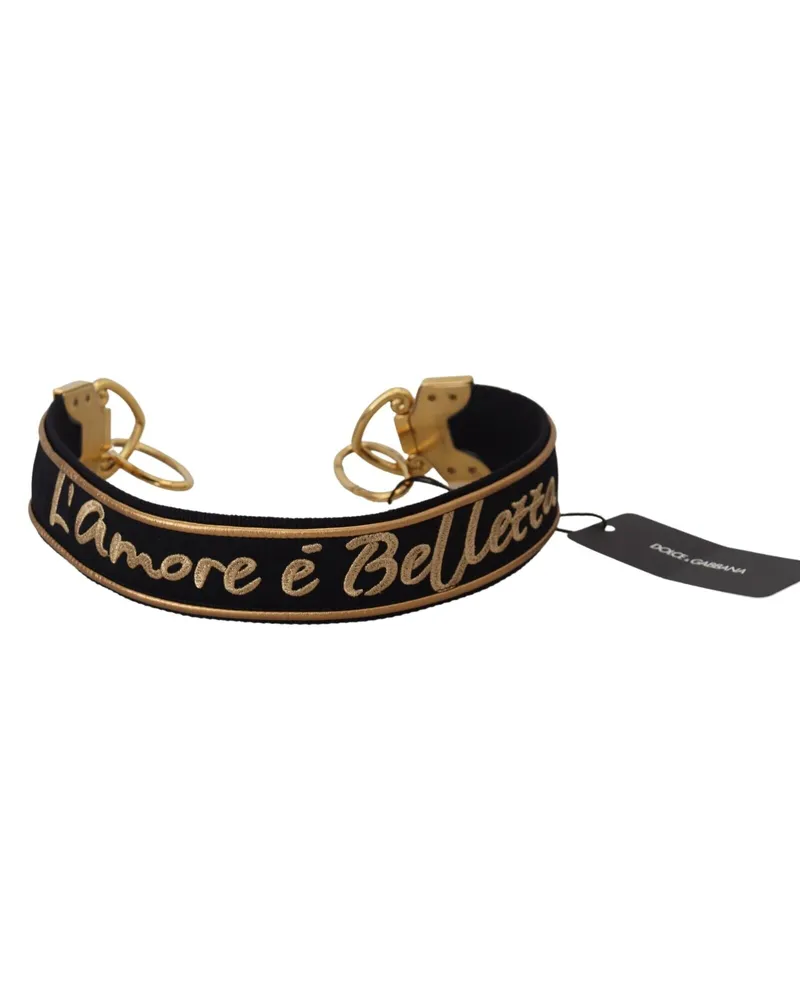 Dolce & Gabbana Women's Black Gold Logo Print Brass Bag Shoulder Strap Polyester Black