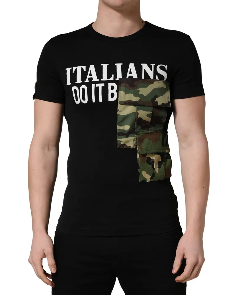 Dolce & Gabbana Black Italians Do It Better Camo Pocket Men T-Shirt Cotton Polyester Black