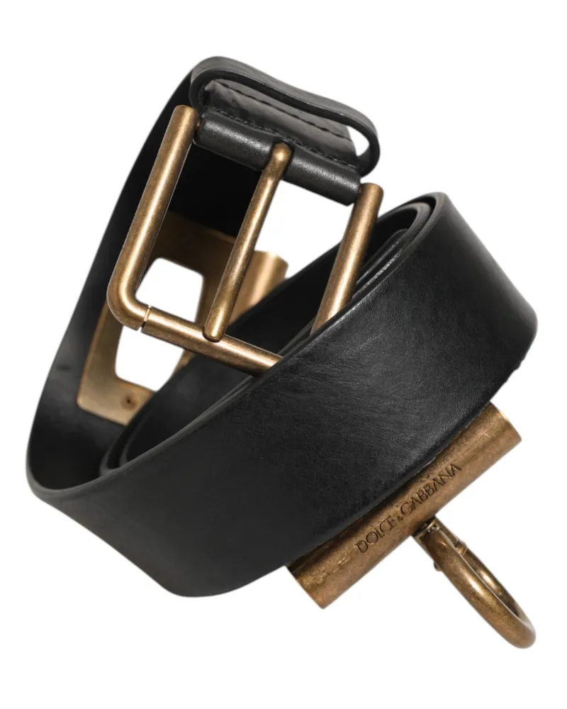 Dolce & Gabbana Men's Black Leather Side Rings Brass Buckle Belt Black