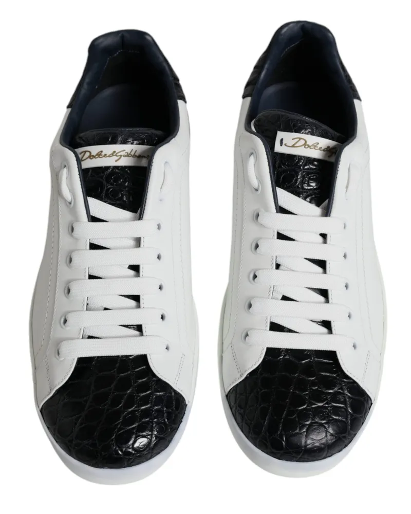 Dolce & Gabbana Men's White Leather Logo Portofino Sneaker Shoes Black And Calfskin Croc White