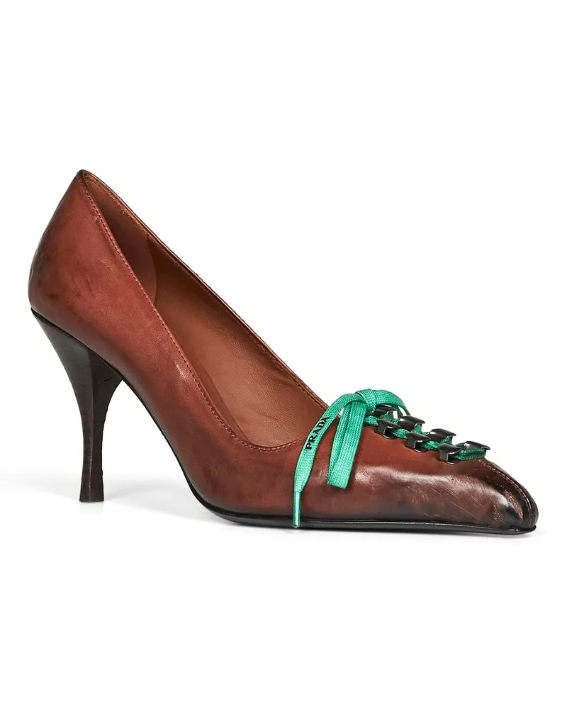 Prada Women's Pumps Antique-Finish Leather Brown Calf High Heel Shoes Brown
