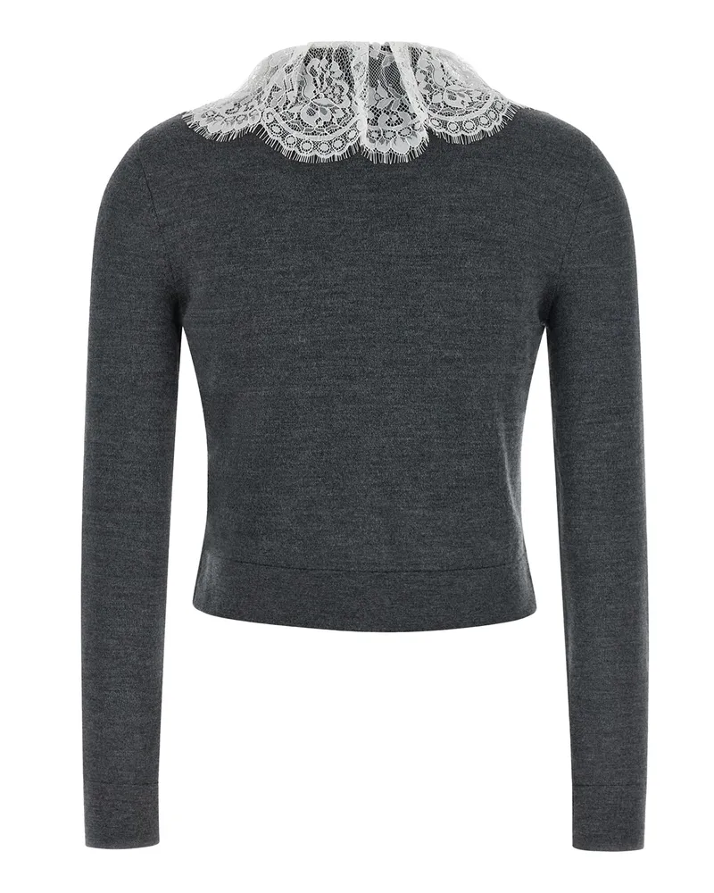 Self-Portrait Women Cardigan Lace Collar Grey Merino Wool - Main: Wool; Trim: Cardigans Sweater Gray