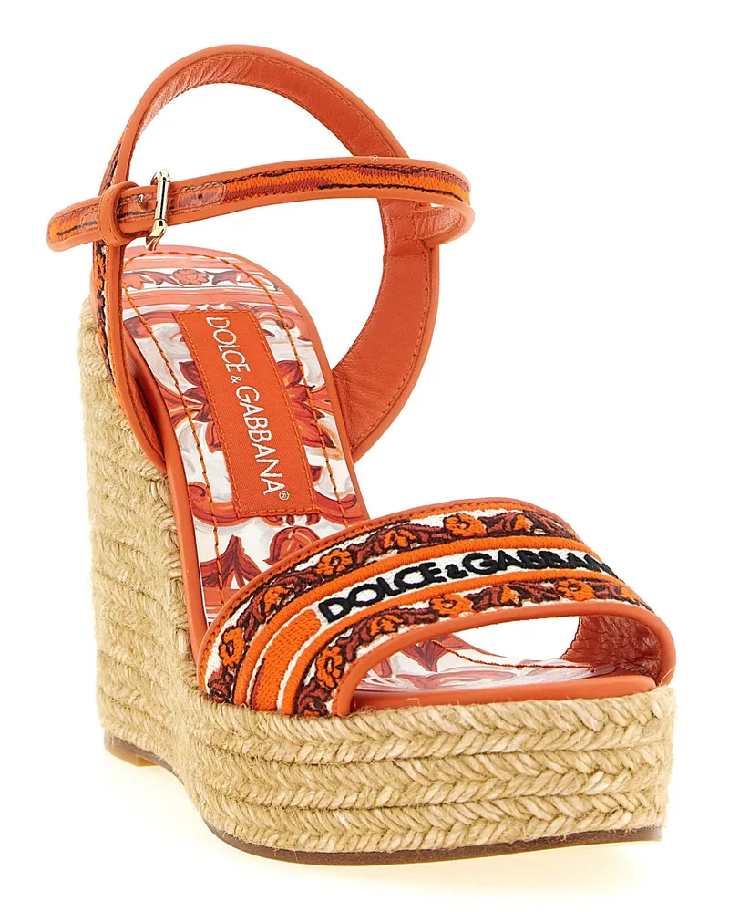 Dolce & Gabbana Embroidered Maiolica Espadrille Wedge Sandal — Orange Orange