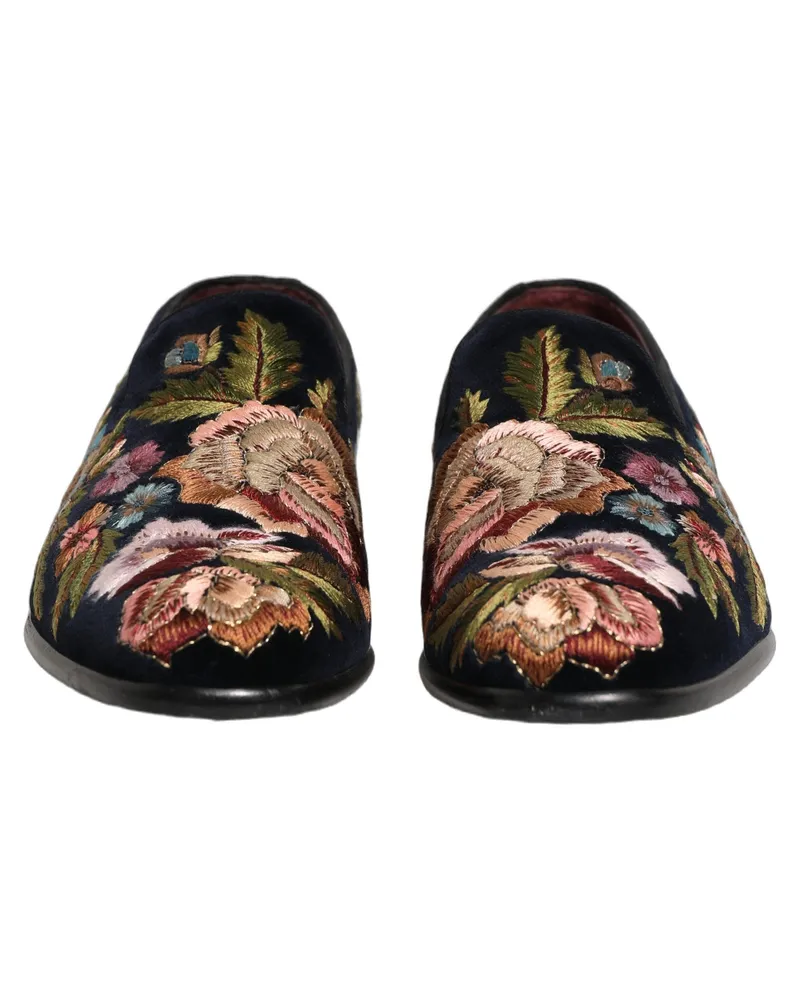 Dolce & Gabbana Men's Black Velvet Floral Embroidery Loafers Shoes Leather Black