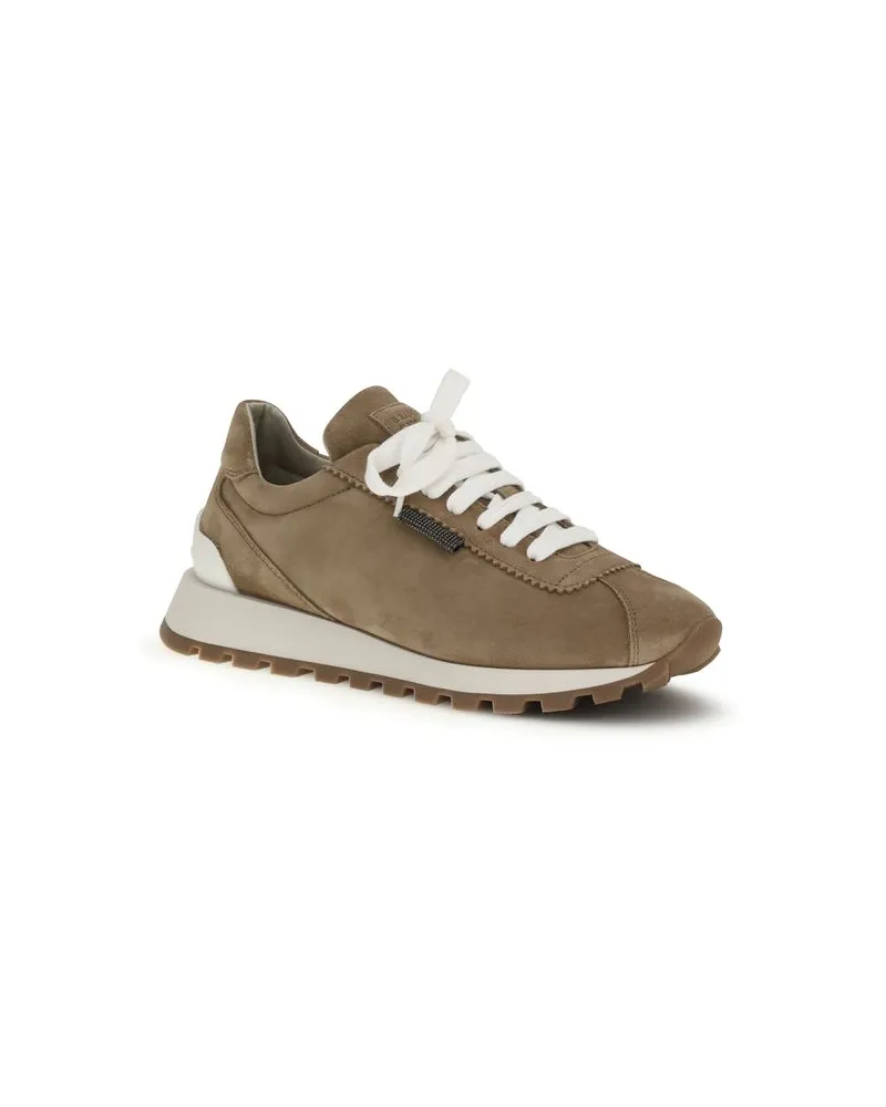 Brunello Cucinelli Women's Beige Calf Leather Bos Taurus Platform Sneakers Beige