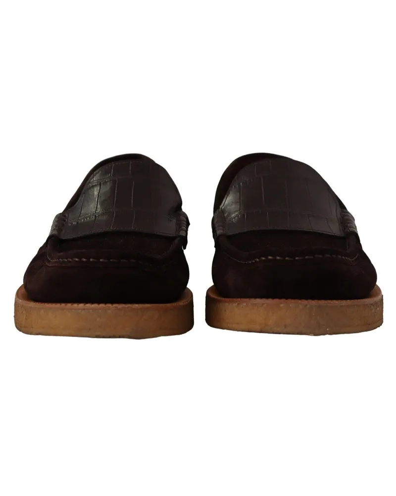 Dolce & Gabbana Men's Brown Suede Leather Slip On Flats Moccasin Shoes Crocodile Brown