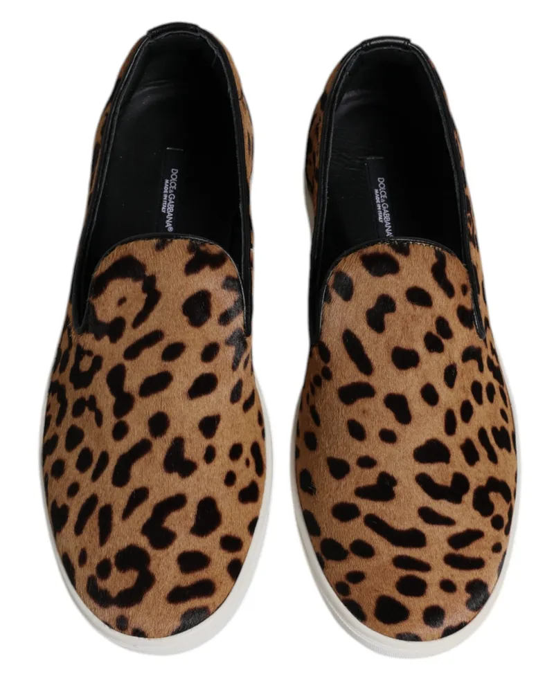Dolce & Gabbana Men's Brown Calfskin Fur Leopard Sneakers Shoes Black And Calf Leather Brown