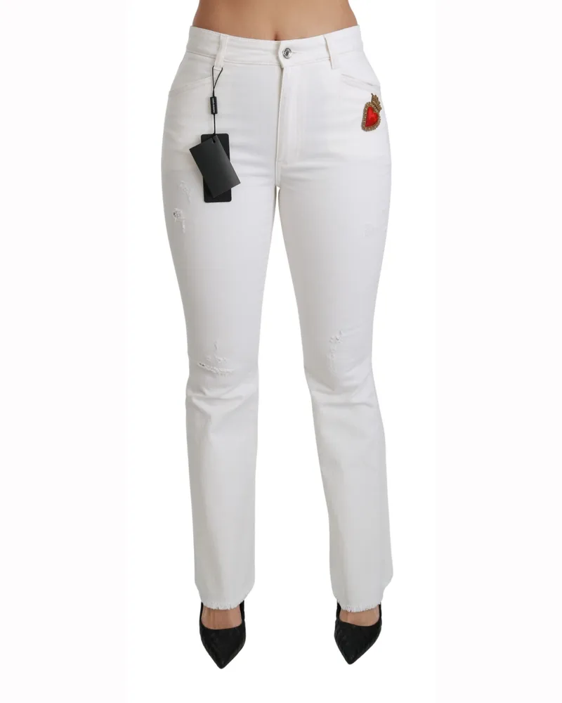 Dolce & Gabbana Women's White Heart Flared Stretch Cotton Pants Elastane White