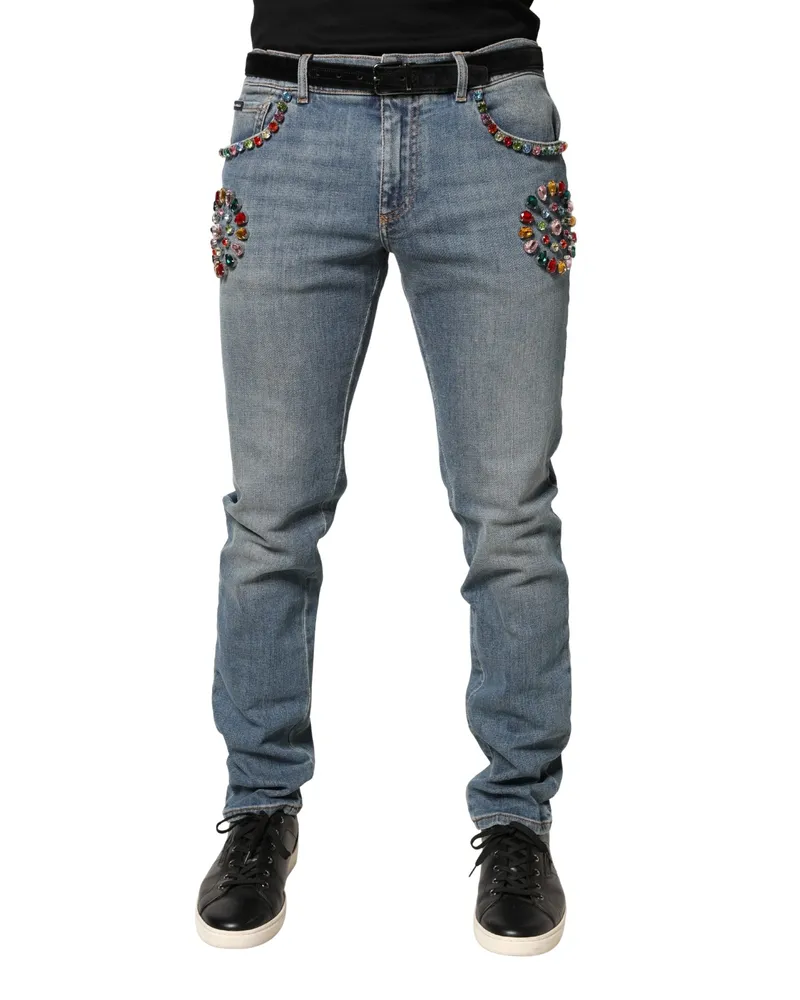 Dolce & Gabbana Blue Embellished Loose Cotton Men Denim Jeans Elastane Clothing Blue