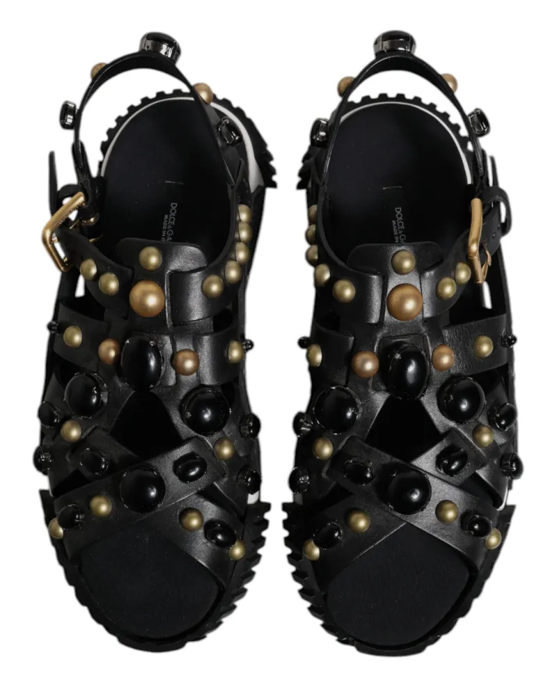 Dolce & Gabbana Men's Black Leather Studded Slides Sandals Shoes Calfskin Black