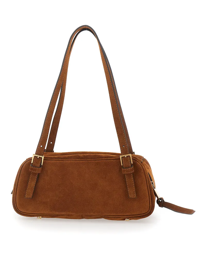 Versace Women's Shoulder Bag Tag Bowling Brown Suede Brown