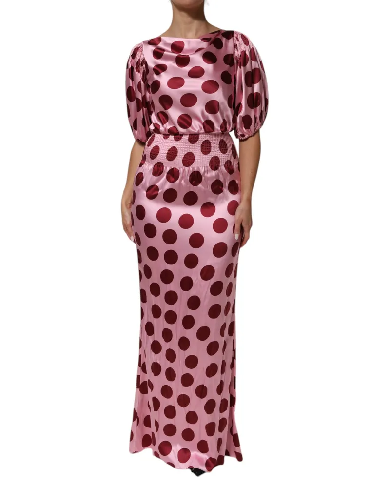 Dolce & Gabbana Women Pink Red Polka Dot Silk Satin Maxi Gown Dress Pink
