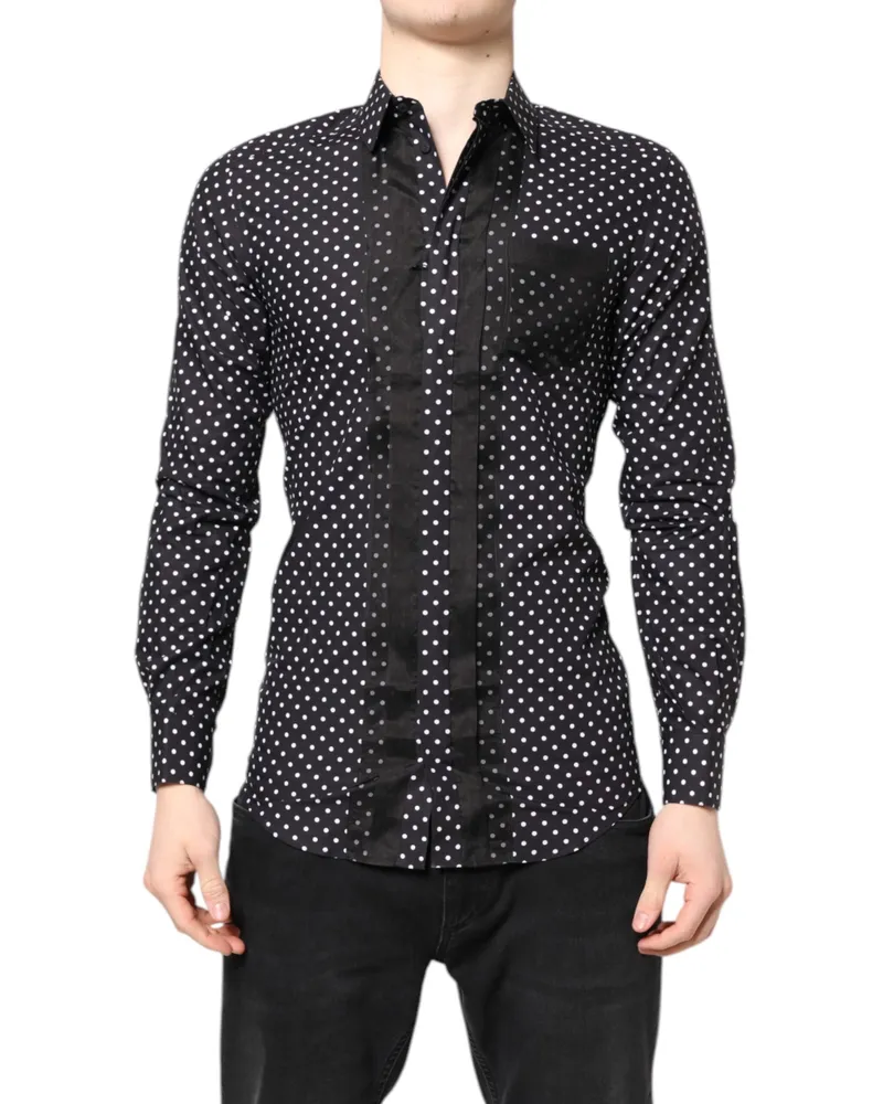 Dolce & Gabbana Men's Black Polka Dot Long Sleeves Gold Formal Shirt Cotton Silk Black