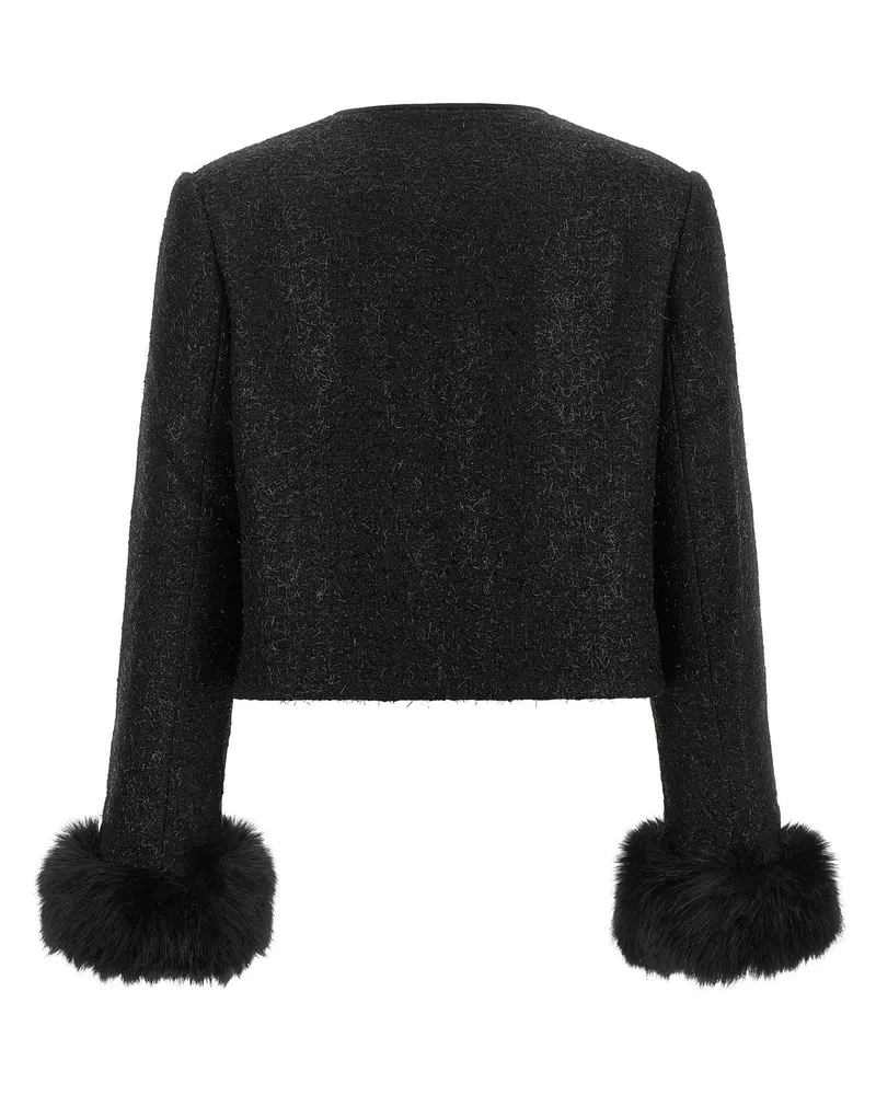 Self-Portrait Bouclé Wool Blend with Fur Cuffs Jacket — Black Black