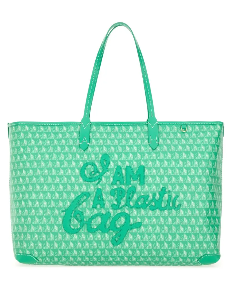 Anya Hindmarch Women's Tote Bag With I Am A Plastic Pattern Green Cowhide - Bos Taurus Handbags Hand Green