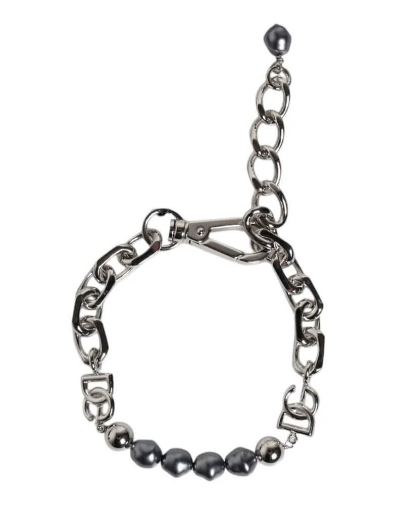 Dolce & Gabbana Men's Silver Tone Chain Lobster Clasp Logo Gray Pearls Bracelet Silver-Tone Metal Silver