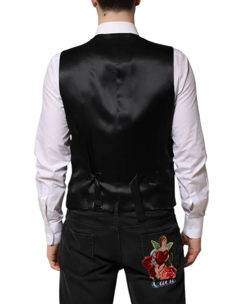 Dolce & Gabbana Black Wool Dress Formal Men Waistcoat Vest Virgin Elastane Black