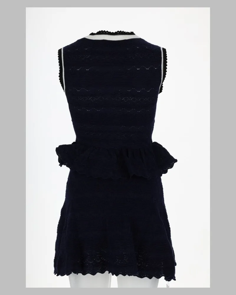 Self-Portrait Openwork Knit With Ruffles Mini Dress — Blue Blue