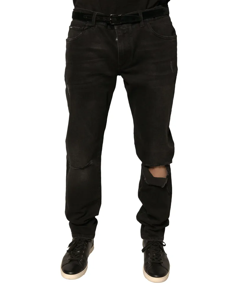 Dolce & Gabbana Men's Black Ripped Logo Cotton Skinny Denim Jeans Elastane Clothing Black
