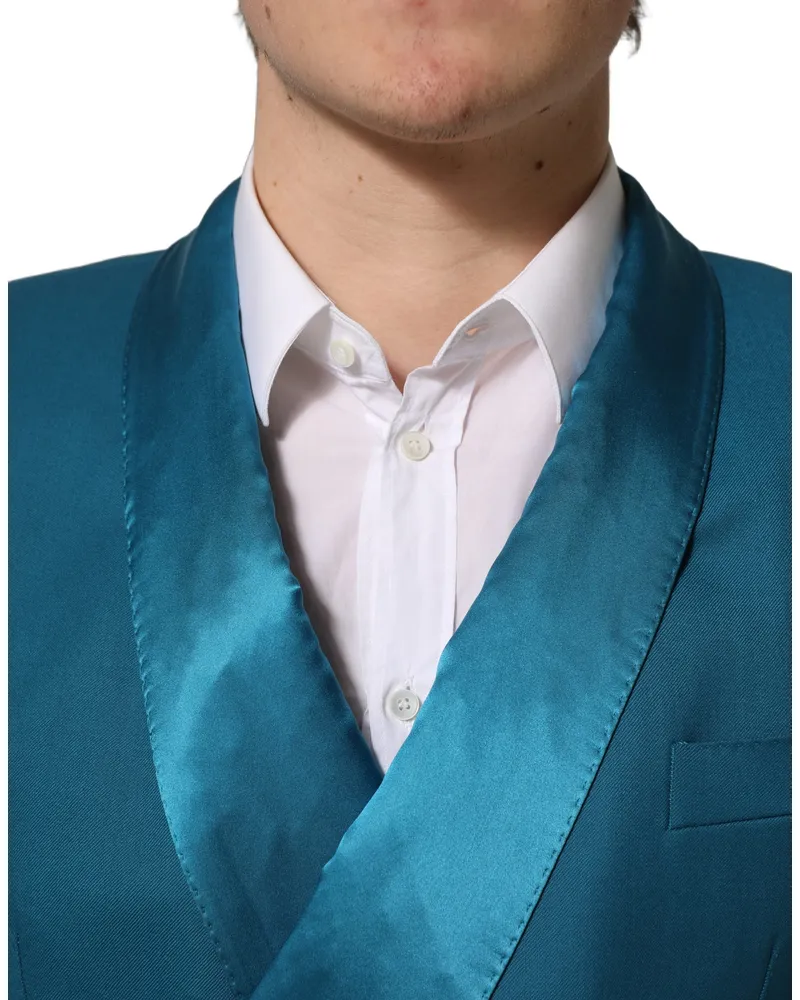 Dolce & Gabbana Men Teal Wool Double Breasted Formal Coat Blazer Silk Polyester Elastane Clothing Teal