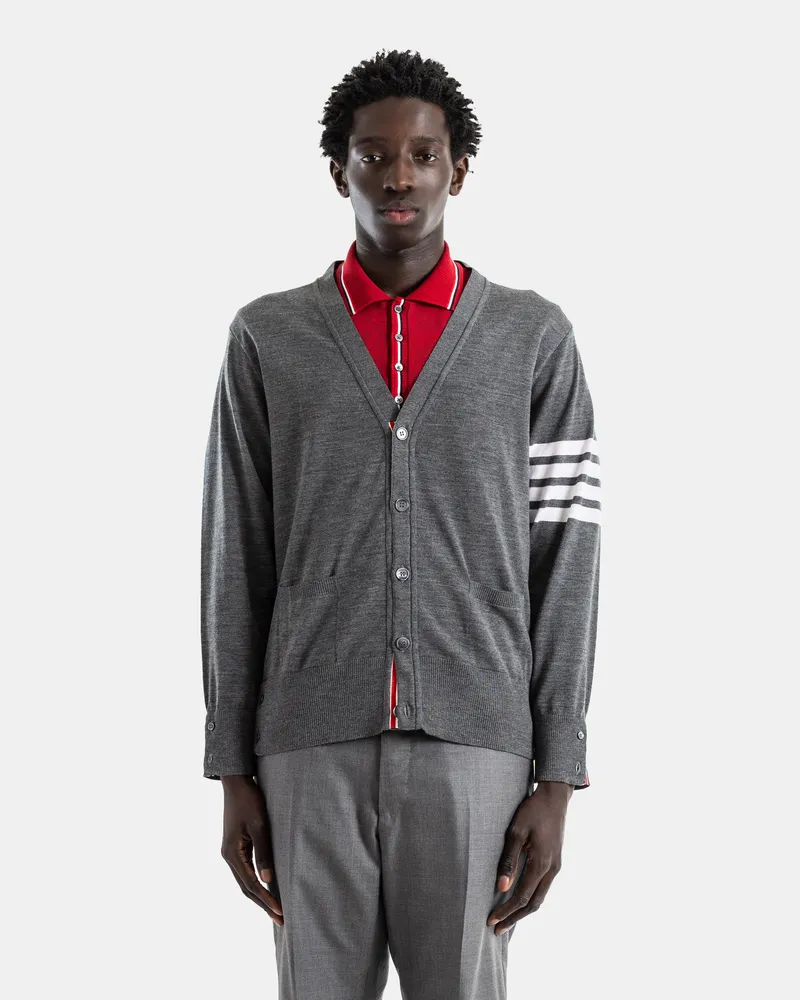 Thom Browne Men's Merino Wool Heather Grey V-Neck 4-Stripe Sleeve Cardigan Gray Sweater Gray